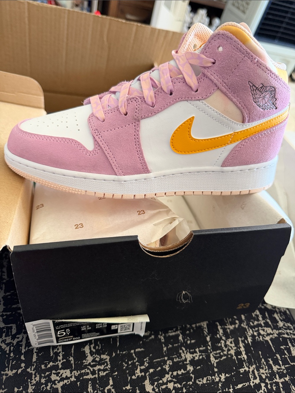 Kids Air Jordan 1 Mid Pink Suede with Yellow Swoosh